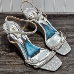 Badgley Mischka Women's Silver Wedge Strappy Formal Wedding Heels Size 10